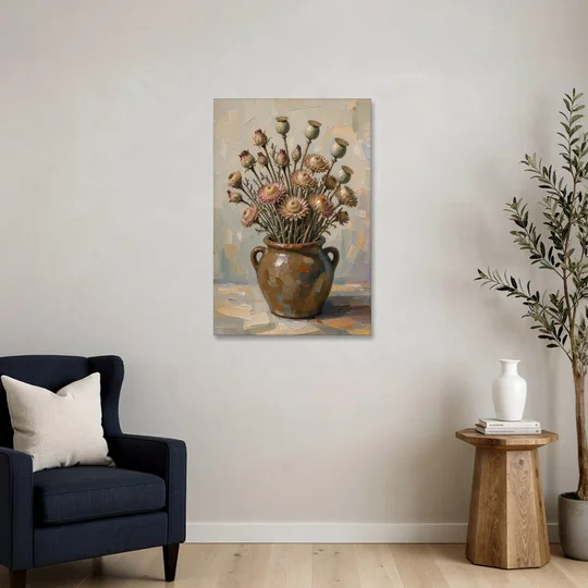 Dried Flower Painting with Poppy Pods in a Crock - Canvas Wall Art - Sofa - 24x36