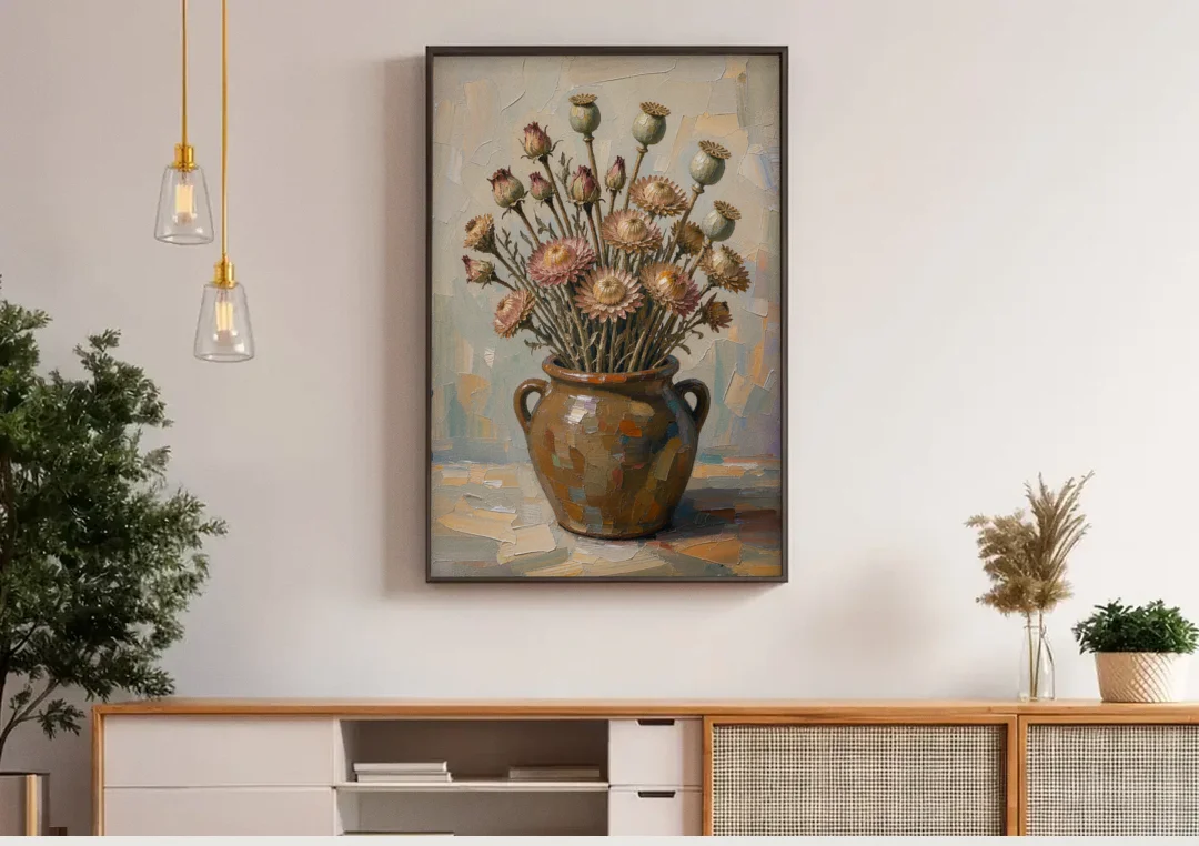 Dried Flower Painting with Poppy Pods in a Crock canvas wall art above a wooden sideboard under pendant lights