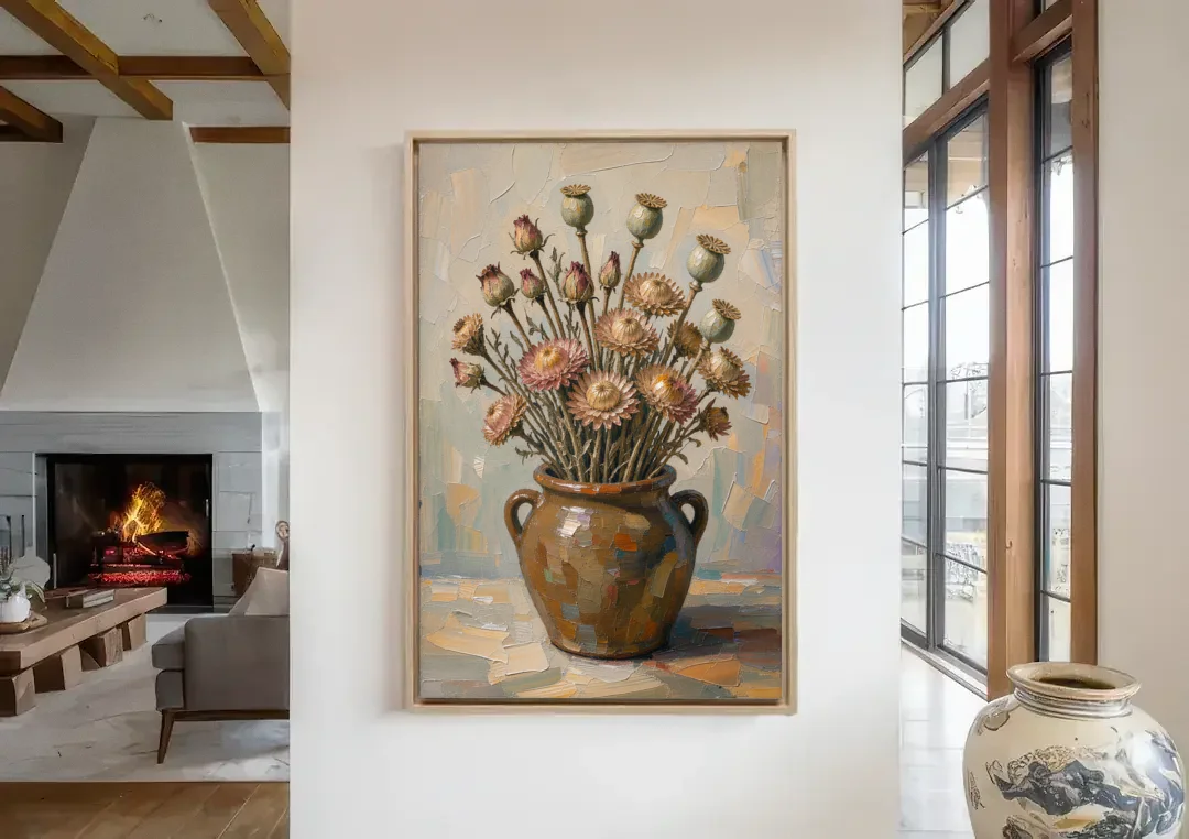 Dried Flower Painting with Poppy Pods in a Crock canvas wall art in a living room with a fireplace