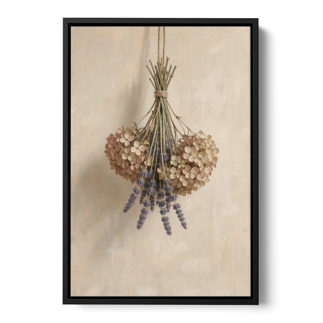 Dried Flowers Wall Art of Hydrangea and Lavender - Black Framed Canvas Wall Art - Front