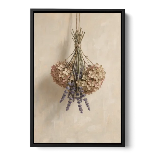 Dried Flowers Wall Art of Hydrangea and Lavender - Black Framed Canvas Wall Art - Front