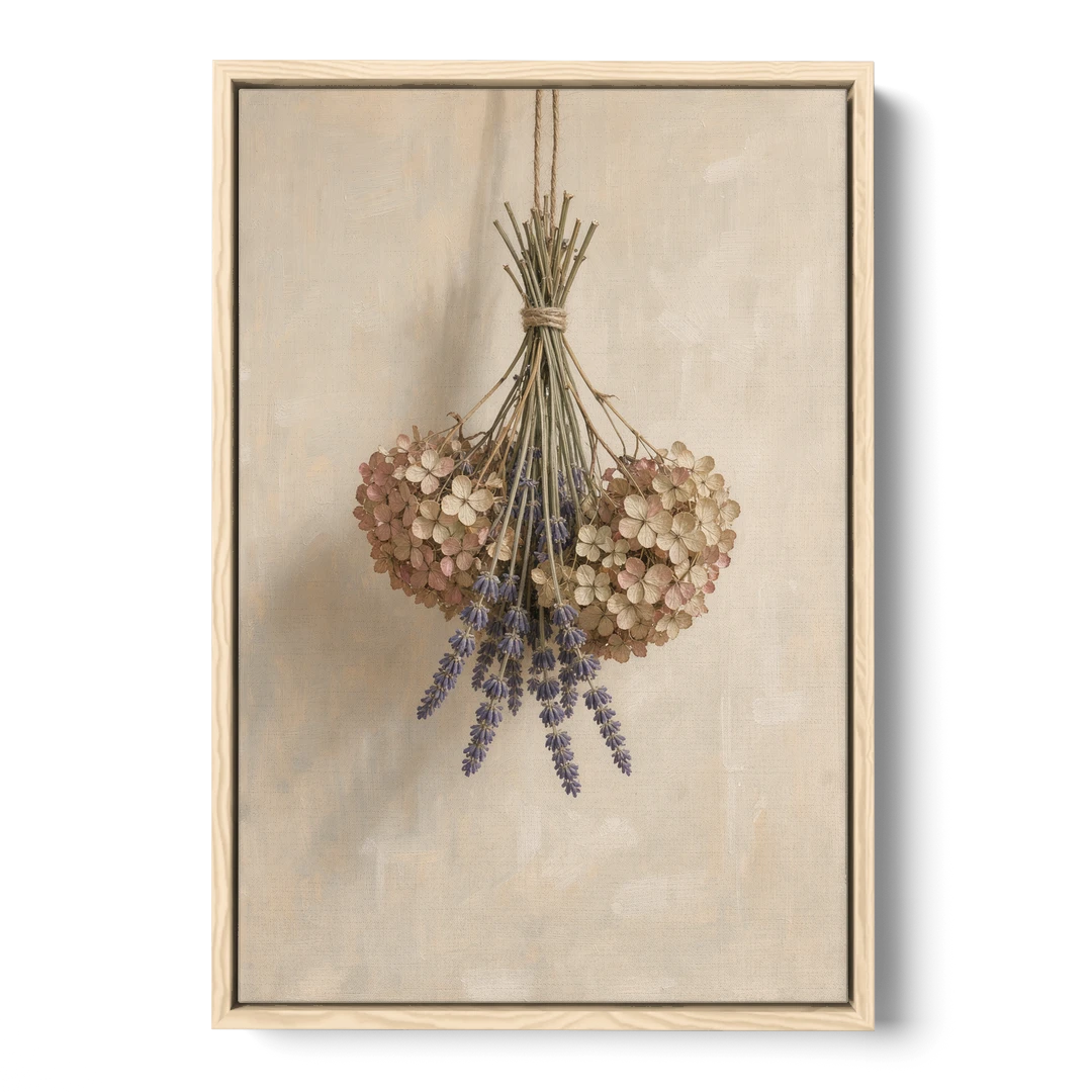 Dried Flowers Wall Art of Hydrangea and Lavender - Oak Framed Canvas Wall Art - Front