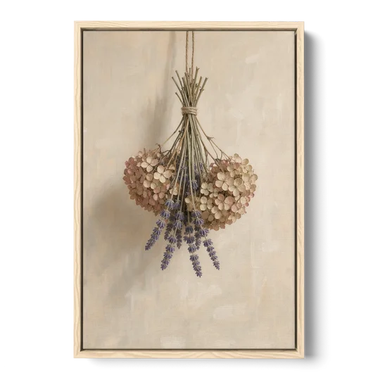 Dried Flowers Wall Art of Hydrangea and Lavender - Oak Framed Canvas Wall Art - Front