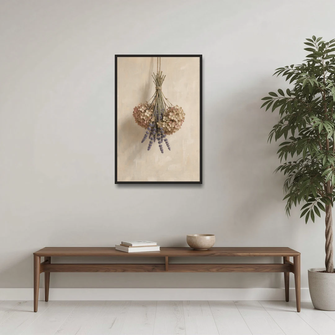 Dried Flowers Wall Art of Hydrangea and Lavender - Black Framed Canvas Wall Art - Coffee Table - 24x36