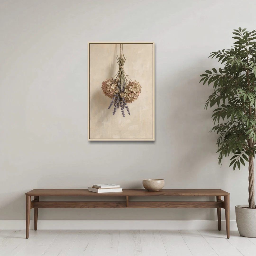 Dried Flowers Wall Art of Hydrangea and Lavender - Oak Framed Canvas Wall Art - Coffee Table - 24x36