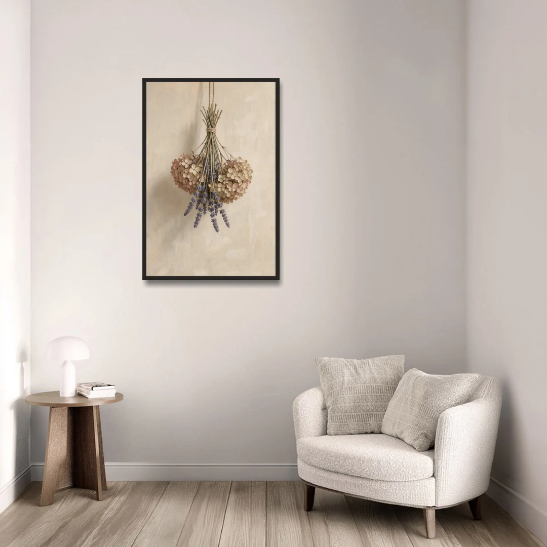 Dried Flowers Wall Art of Hydrangea and Lavender - Black Framed Canvas Wall Art - Sofa - 24x36