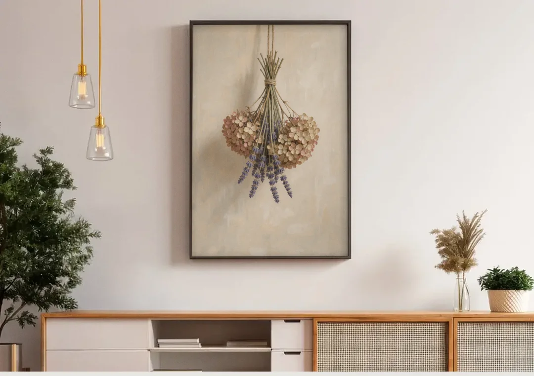 Dried Flowers Wall Art of Hydrangea and Lavender canvas wall art above a wooden sideboard under pendant lights