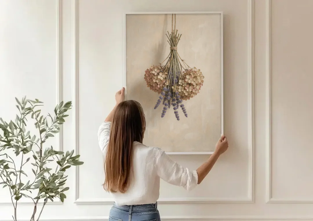 Dried Flowers Wall Art of Hydrangea and Lavender canvas wall art being hung on a paneled wall