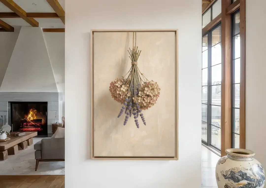 Dried Flowers Wall Art of Hydrangea and Lavender canvas wall art in a living room with a fireplace
