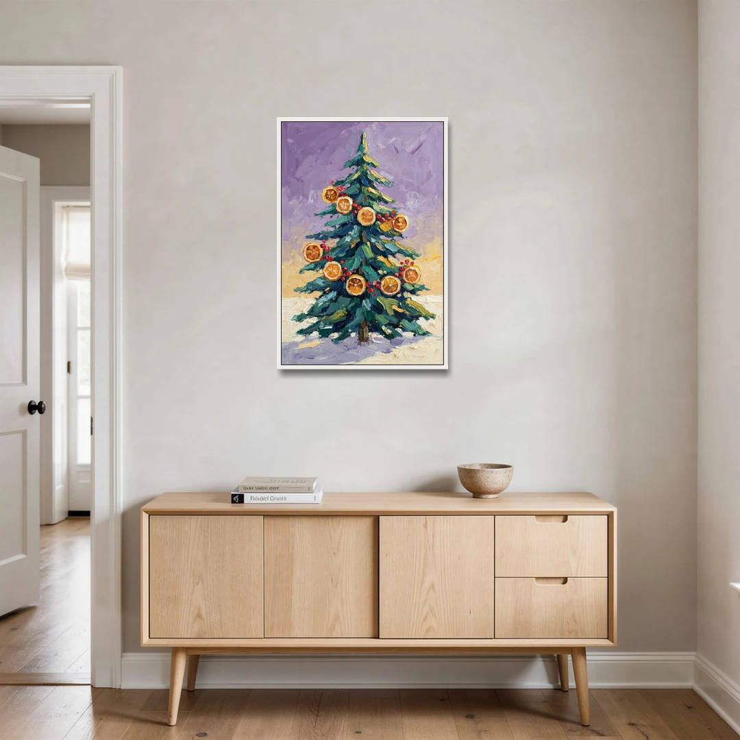 Cozy Christmas Dried Orange Garland Fir - White Framed Canvas Wall Art - Coffee Table - 24x36