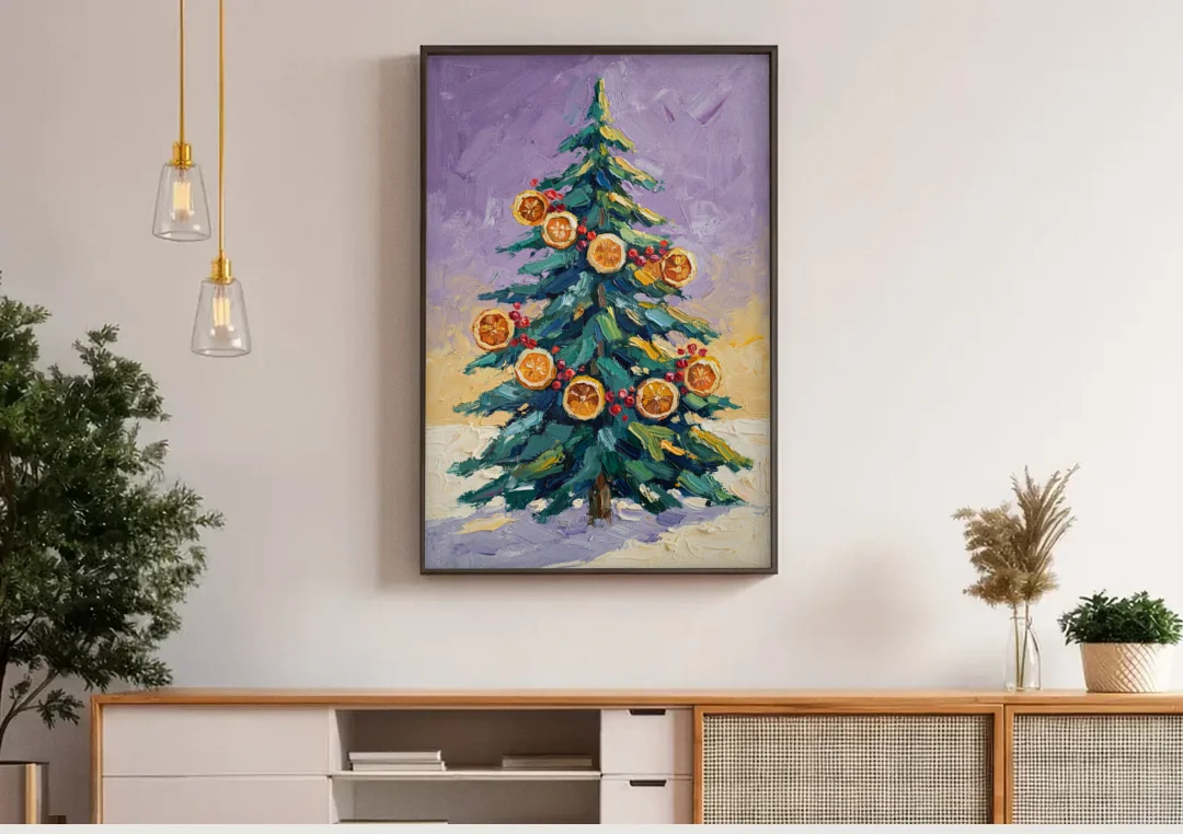 Cozy Christmas Dried Orange Garland Fir canvas wall art above a wooden sideboard under pendant lights