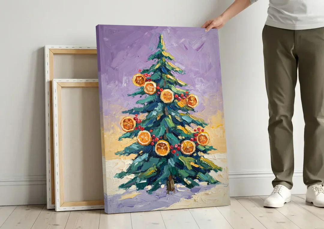 Cozy Christmas Dried Orange Garland Fir canvas wall art leaning against a wall next to blank canvases