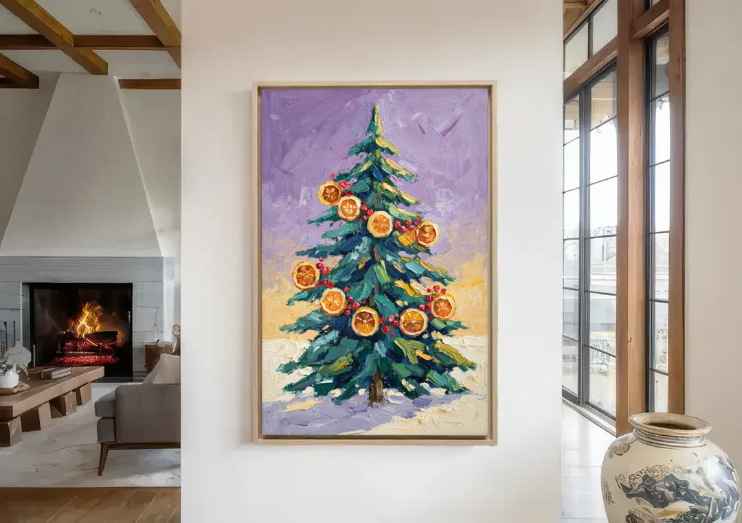 Cozy Christmas Dried Orange Garland Fir canvas wall art in a living room with a fireplace