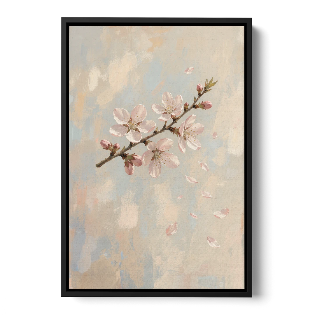 Drifting Petal Cherry Blossom Sprig for the Nursery - Black Framed Canvas Wall Art - Front