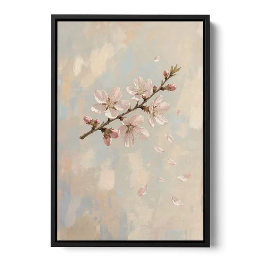 Drifting Petal Cherry Blossom Sprig for the Nursery - Black Framed Canvas Wall Art - Front