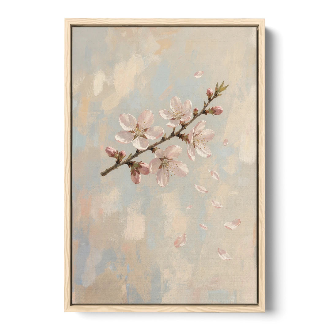 Drifting Petal Cherry Blossom Sprig for the Nursery - Oak Framed Canvas Wall Art - Front
