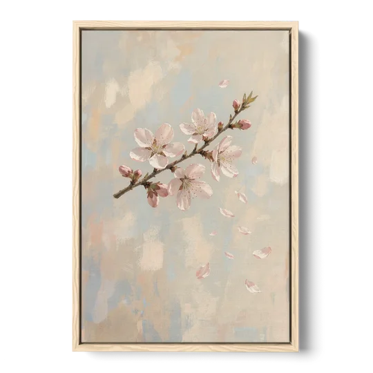 Drifting Petal Cherry Blossom Sprig for the Nursery - Oak Framed Canvas Wall Art - Front