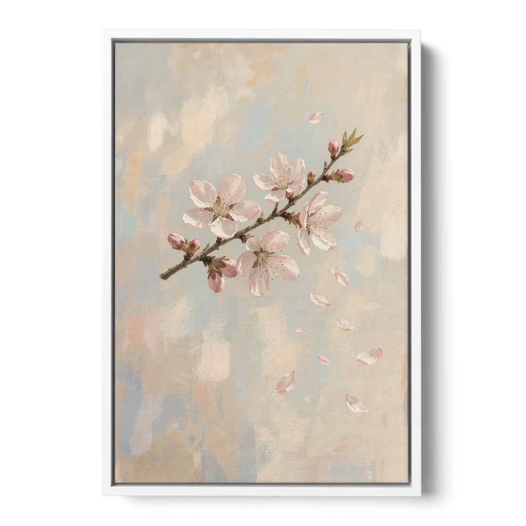 Drifting Petal Cherry Blossom Sprig for the Nursery - White Framed Canvas Wall Art - Front