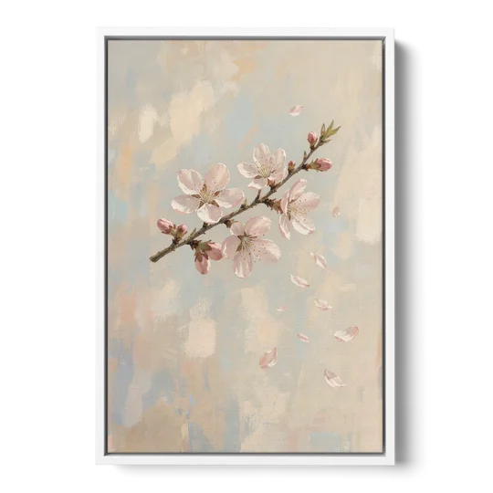 Drifting Petal Cherry Blossom Sprig for the Nursery - White Framed Canvas Wall Art - Front