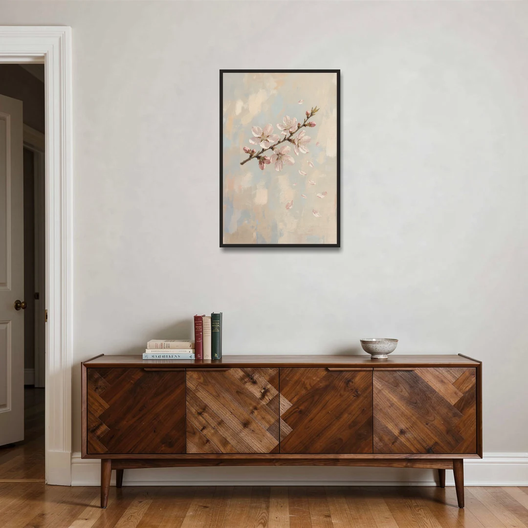 Drifting Petal Cherry Blossom Sprig for the Nursery - Black Framed Canvas Wall Art - Coffee Table - 24x36