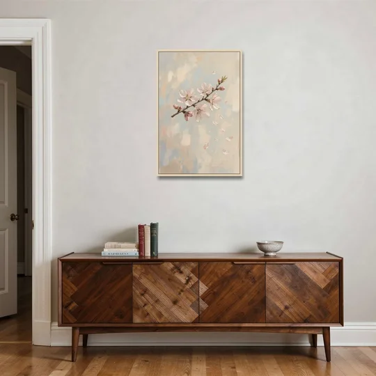 Drifting Petal Cherry Blossom Sprig for the Nursery - Oak Framed Canvas Wall Art - Coffee Table - 24x36