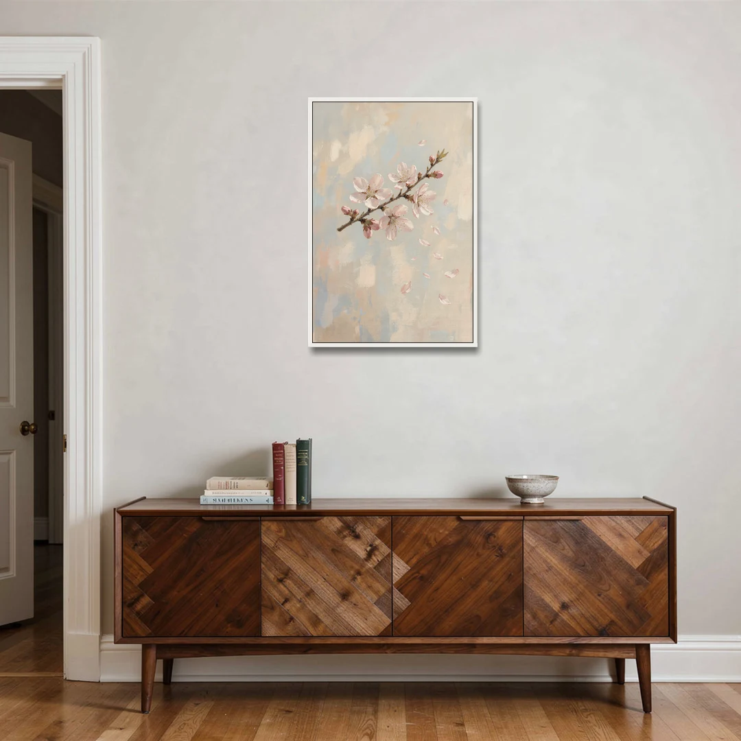 Drifting Petal Cherry Blossom Sprig for the Nursery - White Framed Canvas Wall Art - Coffee Table - 24x36