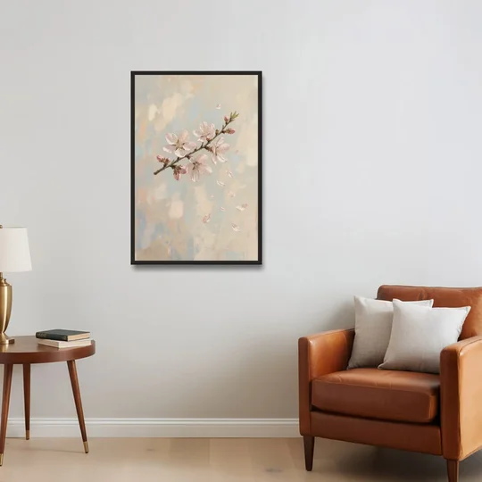 Drifting Petal Cherry Blossom Sprig for the Nursery - Black Framed Canvas Wall Art - Sofa - 24x36