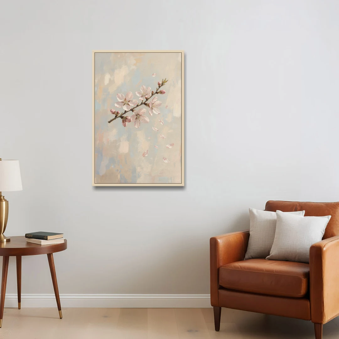 Drifting Petal Cherry Blossom Sprig for the Nursery - Oak Framed Canvas Wall Art - Sofa - 24x36