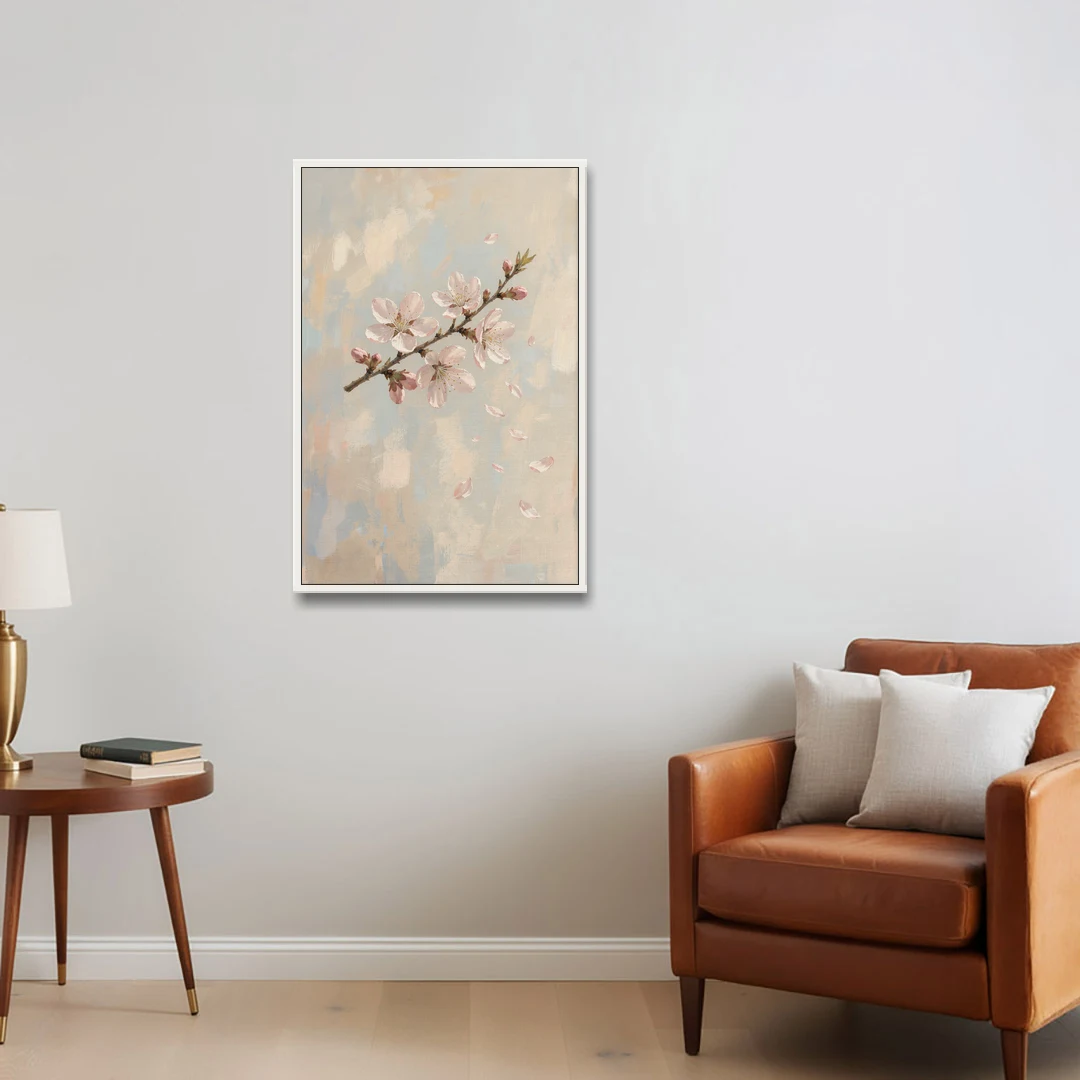 Drifting Petal Cherry Blossom Sprig for the Nursery - White Framed Canvas Wall Art - Sofa - 24x36