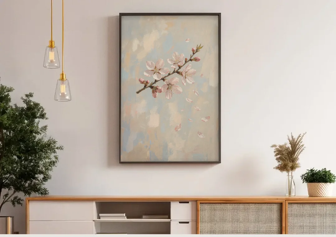 Drifting Petal Cherry Blossom Sprig for the Nursery canvas wall art above a wooden sideboard under pendant lights