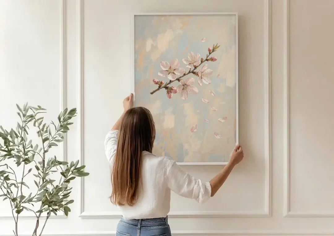 Drifting Petal Cherry Blossom Sprig for the Nursery canvas wall art being hung on a paneled wall