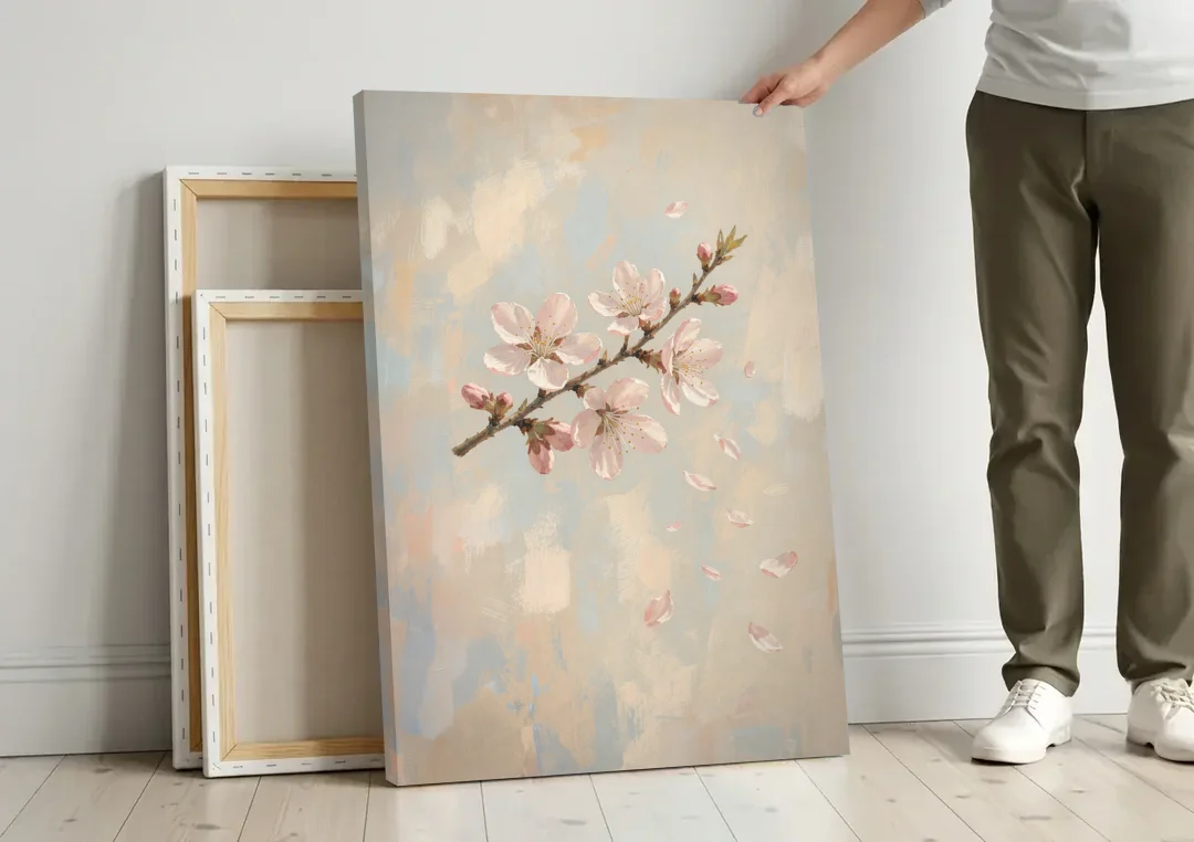 Drifting Petal Cherry Blossom Sprig for the Nursery canvas wall art leaning against a wall next to blank canvases