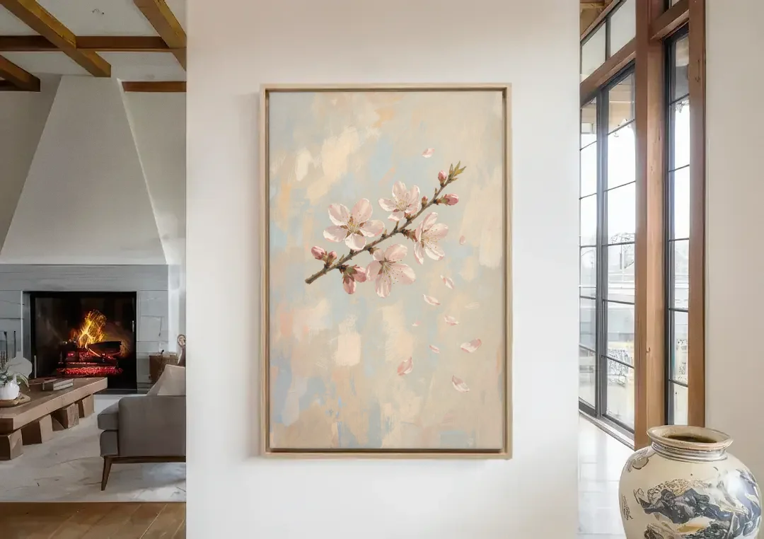 Drifting Petal Cherry Blossom Sprig for the Nursery canvas wall art in a living room with a fireplace