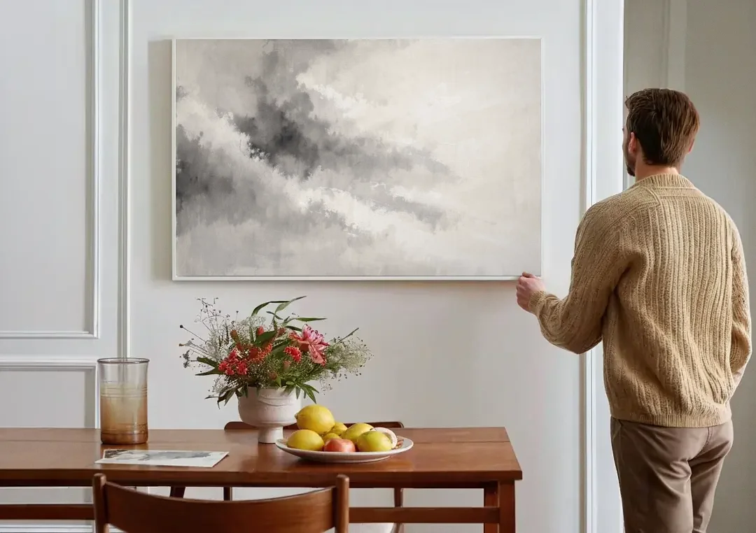 Monochrome Drifting Weather in Soft Gray Wash canvas wall art above a dining table