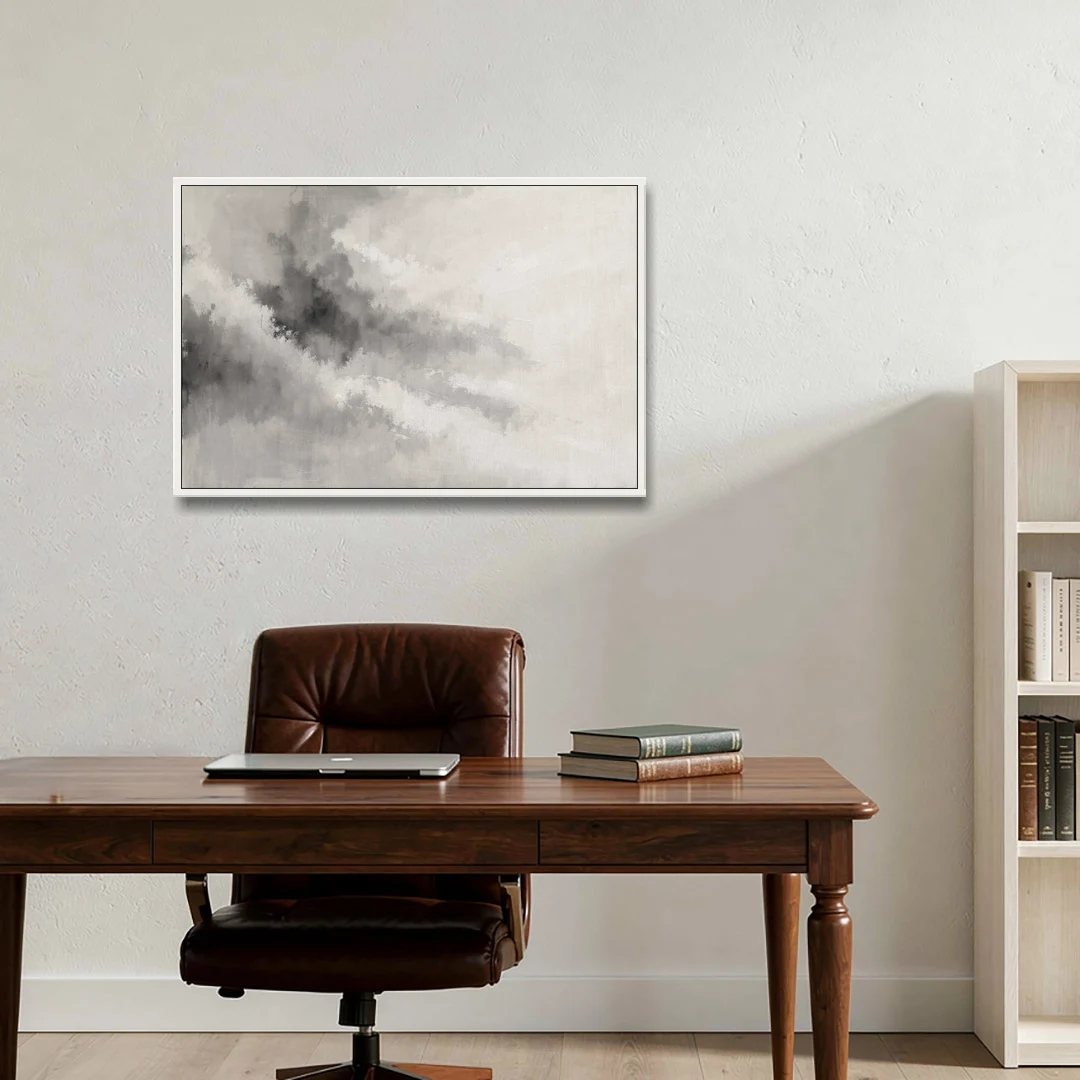 Monochrome Drifting Weather in Soft Gray Wash - White Framed Canvas Wall Art - Office - 36x24