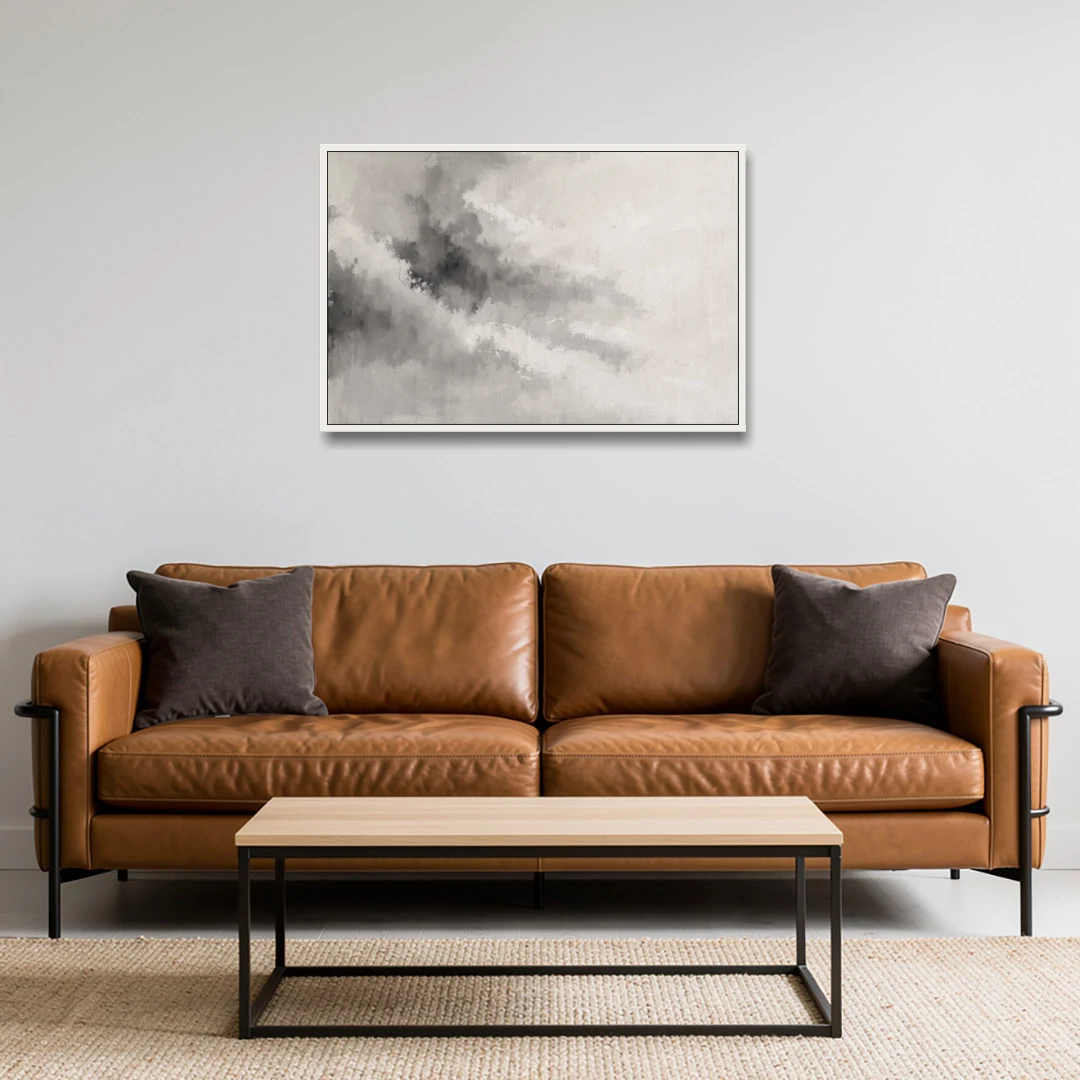 Monochrome Drifting Weather in Soft Gray Wash - White Framed Canvas Wall Art - Sofa - 36x24