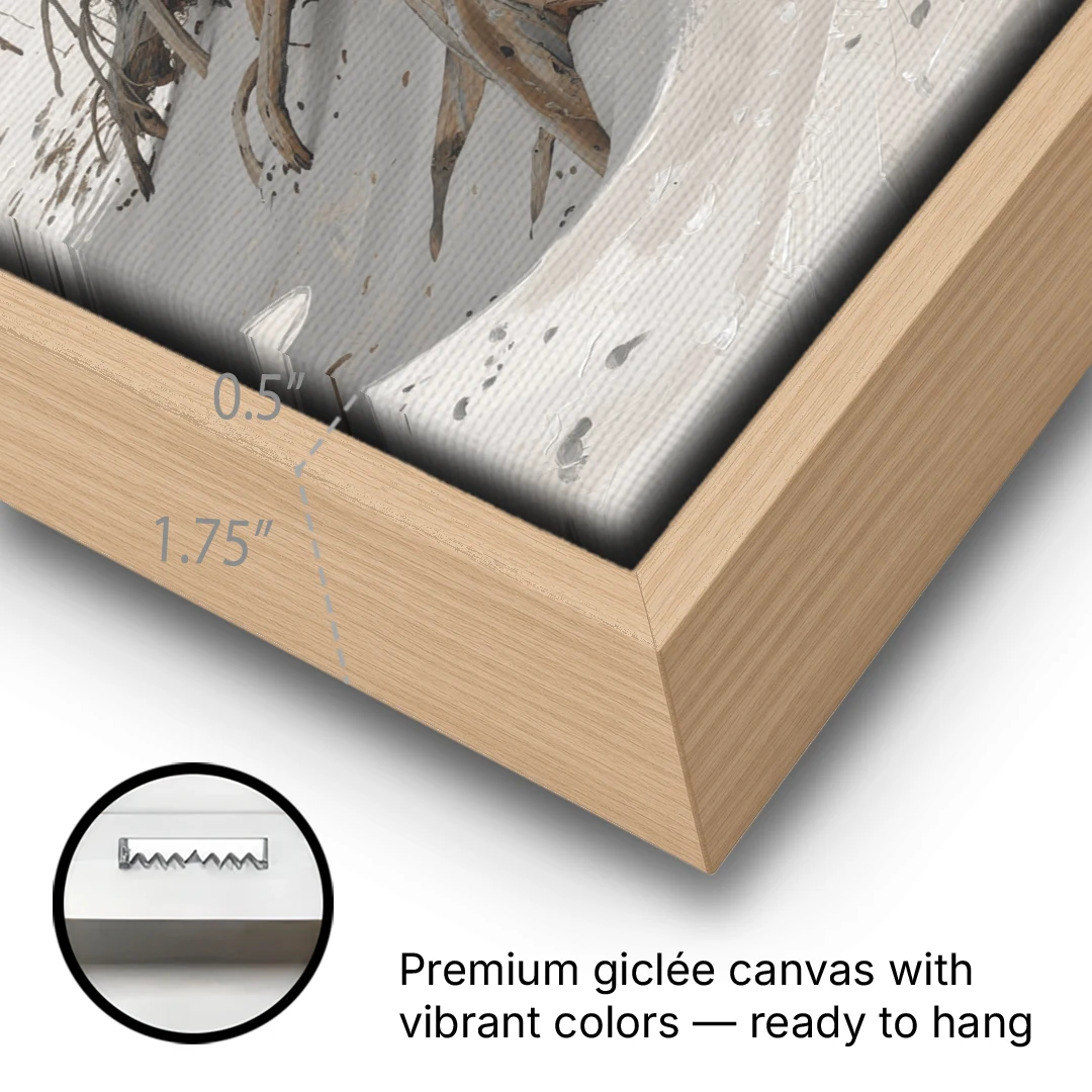 Driftwood Painting of Roots in Pale Sand - Oak Framed Canvas Wall Art - Gallery Wrap Corner