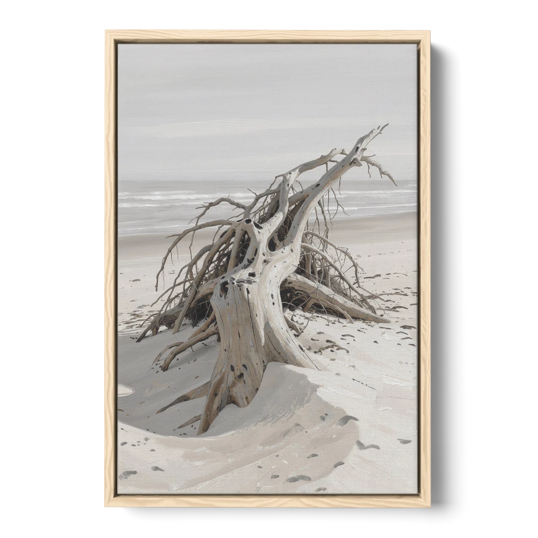 Driftwood Painting of Roots in Pale Sand - Oak Framed Canvas Wall Art - Front
