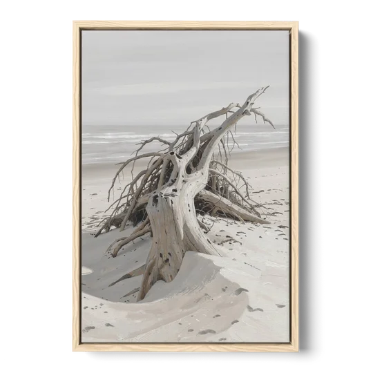 Driftwood Painting of Roots in Pale Sand - Oak Framed Canvas Wall Art - Front