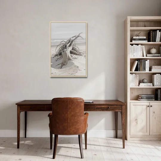 Driftwood Painting of Roots in Pale Sand - Oak Framed Canvas Wall Art - Office - 24x36