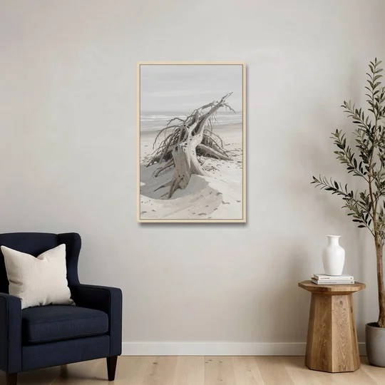 Driftwood Painting of Roots in Pale Sand - Oak Framed Canvas Wall Art - Sofa - 24x36