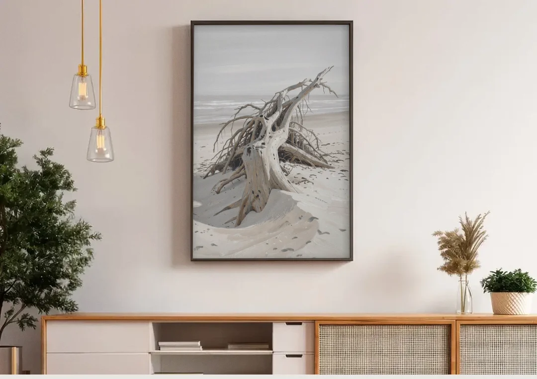 Driftwood Painting of Roots in Pale Sand canvas wall art above a wooden sideboard under pendant lights