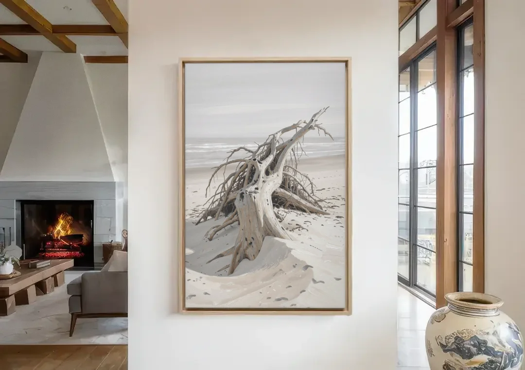 Driftwood Painting of Roots in Pale Sand canvas wall art in a living room with a fireplace