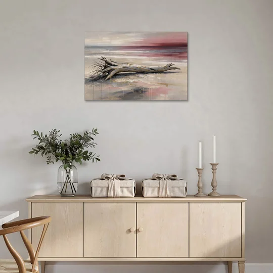 Driftwood Wall Art Under a Rose Dusk Sky - Canvas Wall Art - Coffee Table - 36x24