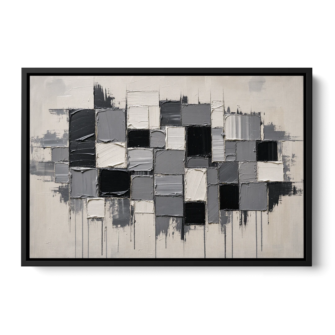 Dripping Grid of Black and Grey Squares - Black Framed Canvas Wall Art - Front