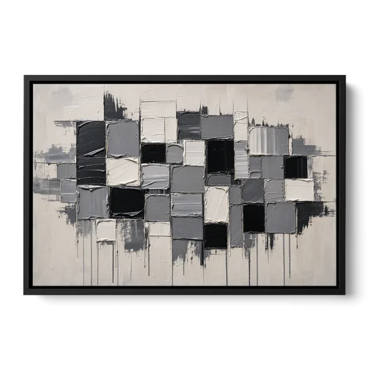 Dripping Grid of Black and Grey Squares - Black Framed Canvas Wall Art - Front