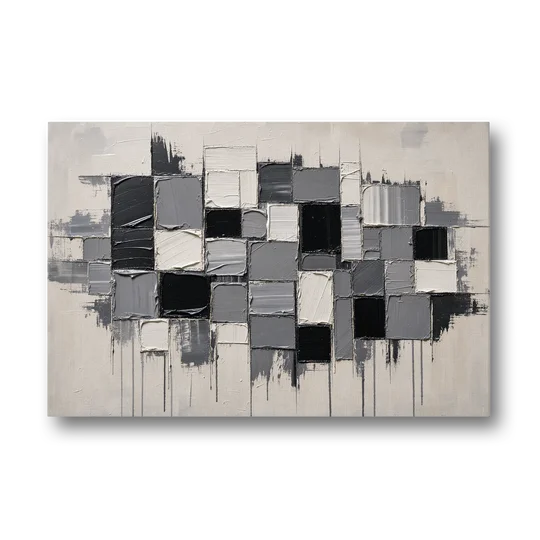 Dripping Grid of Black and Grey Squares - Canvas Wall Art - Front