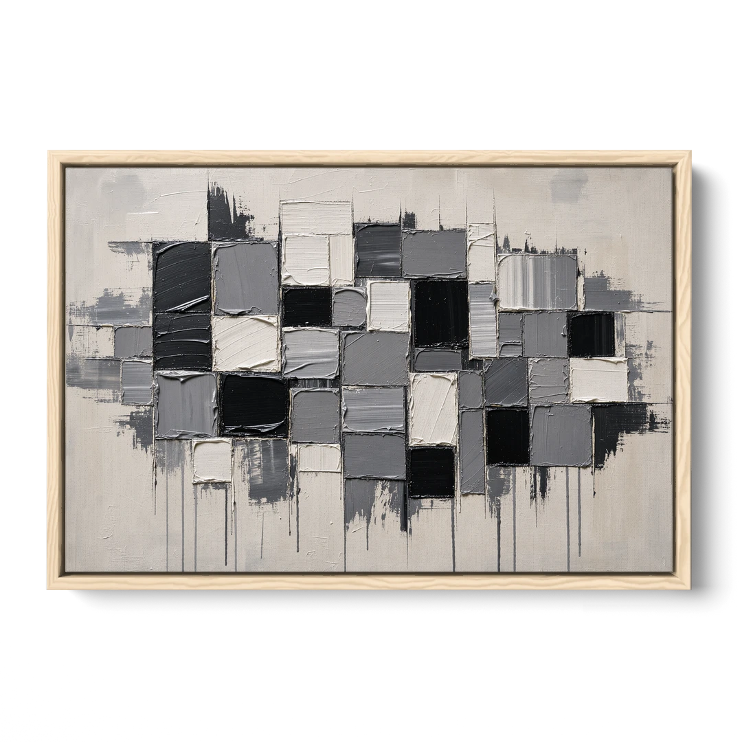 Dripping Grid of Black and Grey Squares - Oak Framed Canvas Wall Art - Front