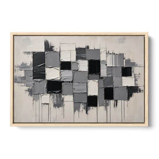 Dripping Grid of Black and Grey Squares - Oak Framed Canvas Wall Art - Front