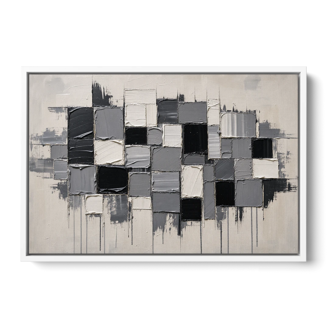 Dripping Grid of Black and Grey Squares - White Framed Canvas Wall Art - Front